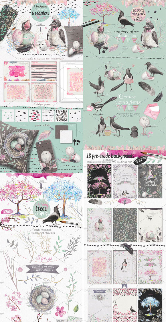 水彩花鸟树木乌鸦羽毛图案卡片背景素材2