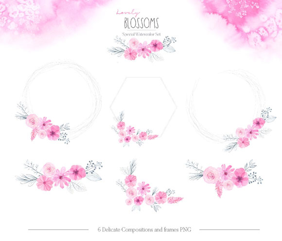 唯美清新粉红色水彩花卉心形花束框架装饰元素3
