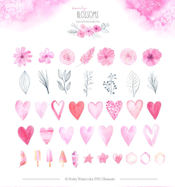 唯美清新粉红色水彩花卉心形花束框架装饰元素2