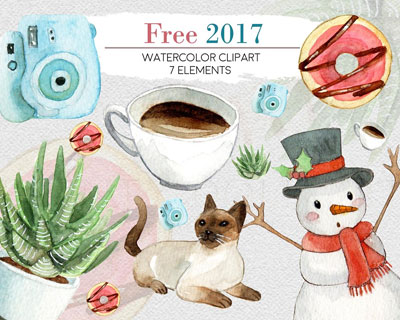 水彩相机猫雪人咖啡插画素材