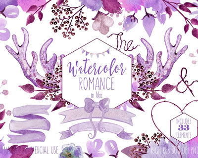 水彩浪漫紫色花卉婚礼插画素材