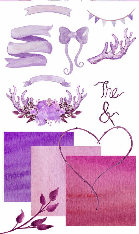 水彩浪漫紫色花卉婚礼插画素材2