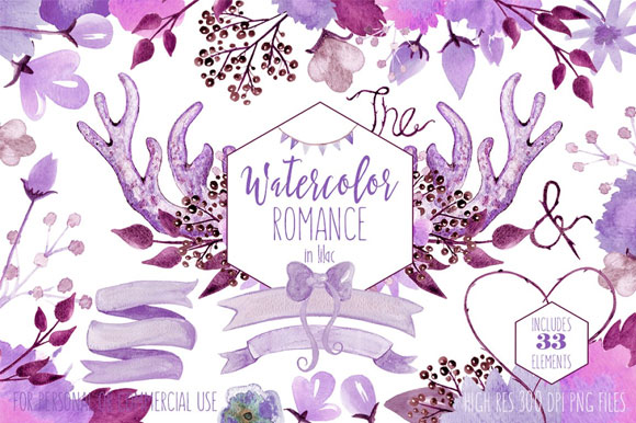 水彩浪漫紫色花卉婚礼插画素材1