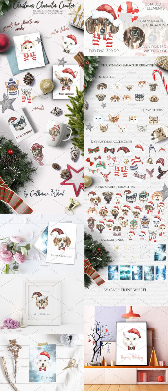 圣诞水彩猫狗动物冬季服装装饰元素下载3