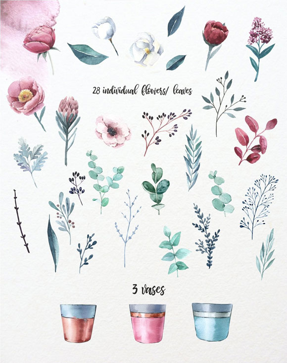 水彩手绘盆栽植物花卉花环花框插画素材4