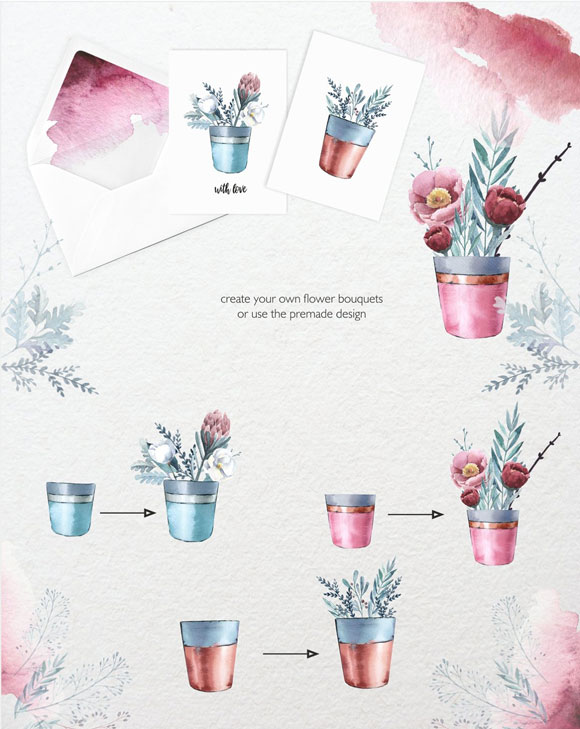 水彩手绘盆栽植物花卉花环花框插画素材5