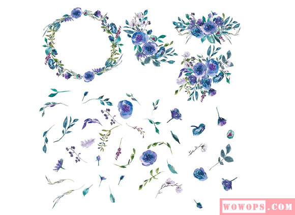 手绘水彩蓝色花卉植物素材下载5
