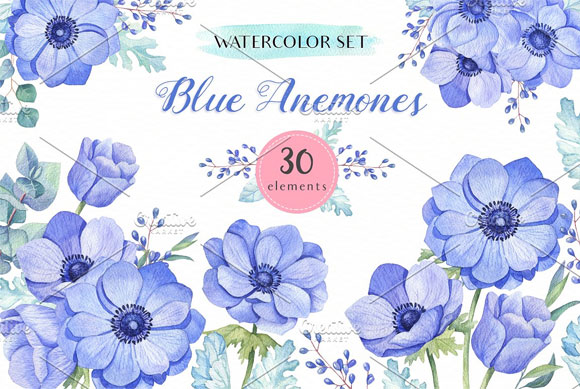 蓝色水彩花卉花束花环花框素材下载1