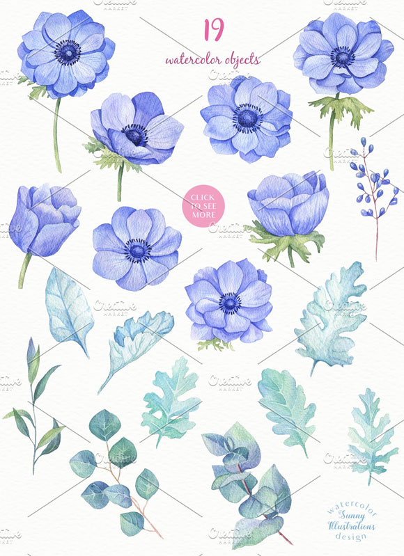 蓝色水彩花卉花束花环花框素材下载2