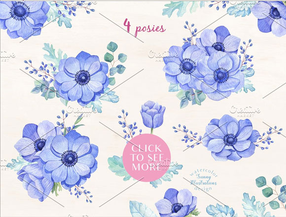 蓝色水彩花卉花束花环花框素材下载4