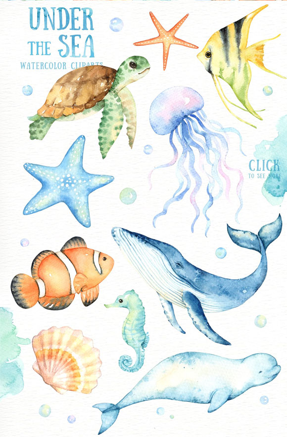手绘水彩海洋生物水母海龟海豚鲸鱼珊瑚插画素材2
