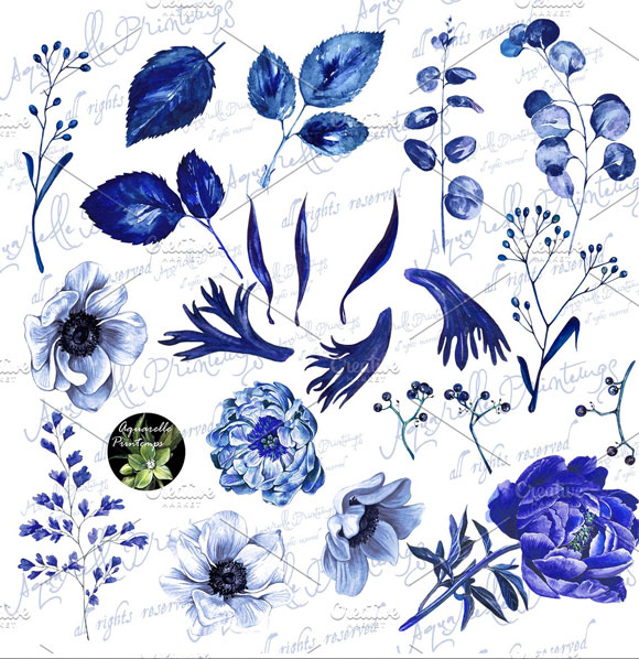 水彩蓝色花卉图案插画素材下载2