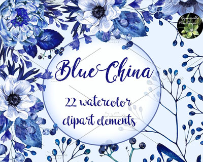 水彩蓝色花卉图案插画素材下载