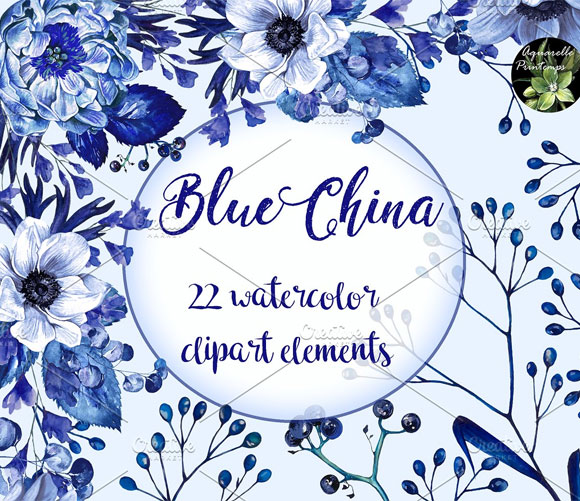 水彩蓝色花卉图案插画素材下载1