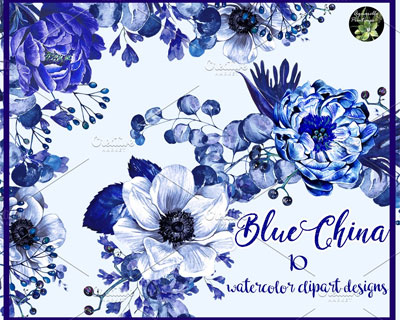 水彩蓝色花卉印花装饰