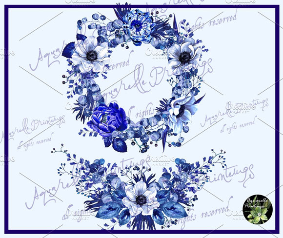 水彩蓝色花卉印花装饰图案素材下载4