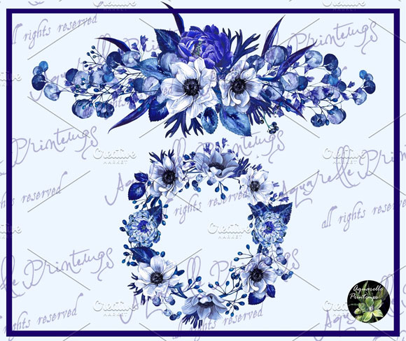 水彩蓝色花卉印花装饰图案素材下载5