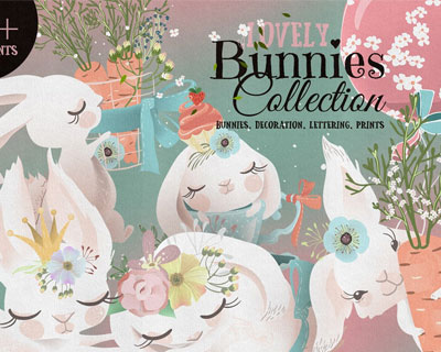 卡通可爱小兔子花环花束蛋糕杯茶设计元素下载