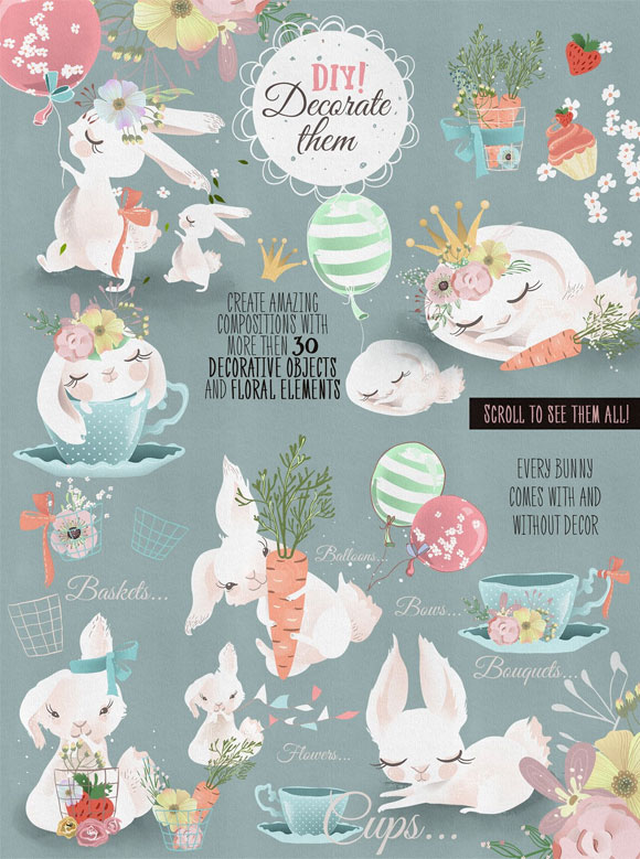 卡通可爱小兔子花环花束蛋糕杯茶设计元素下载3