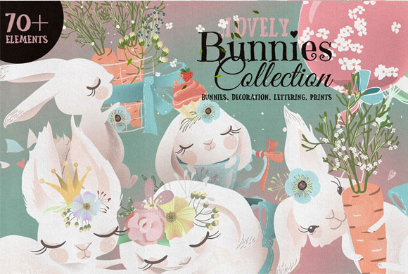 卡通可爱小兔子花环花束蛋糕杯茶设计元素下载2