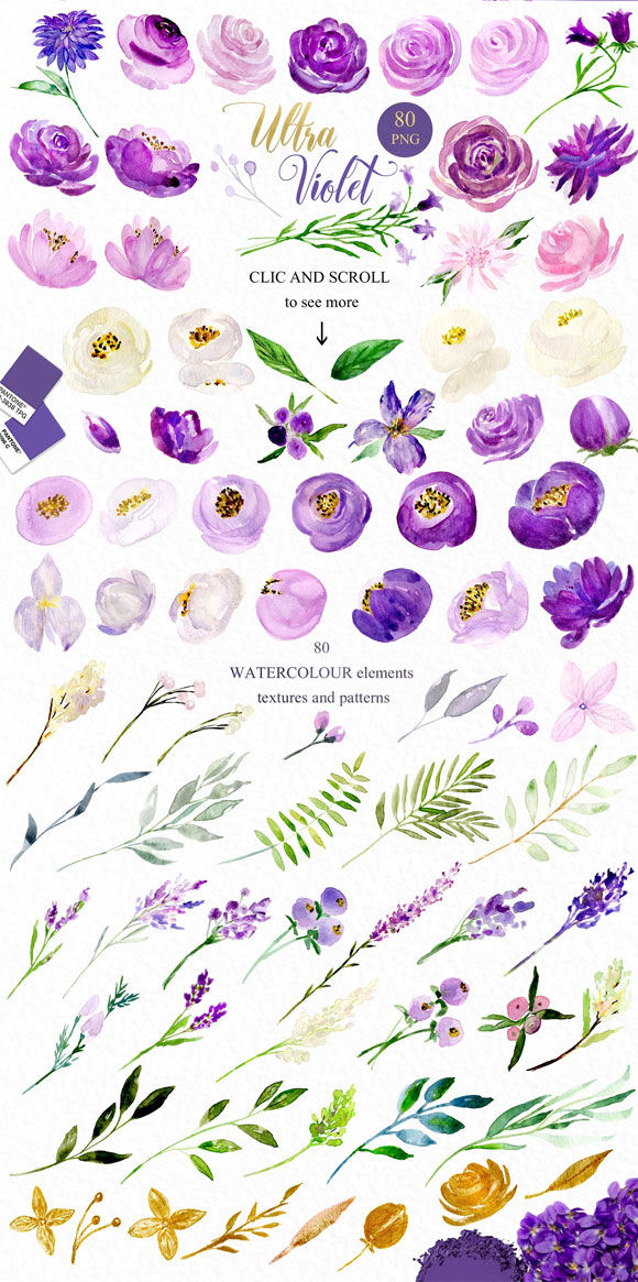 紫色水彩花卉植物花环花框素材下载5