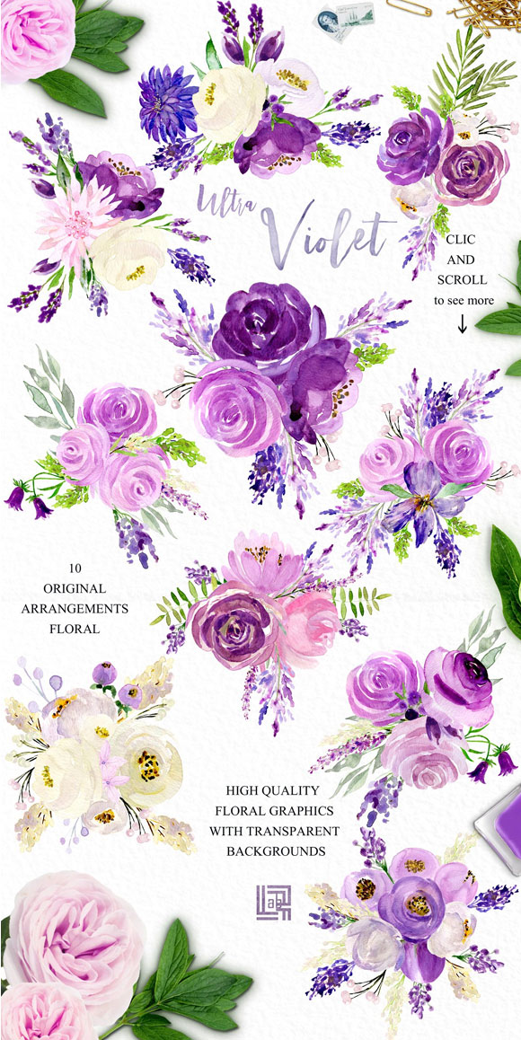 紫色水彩花卉植物花环花框素材下载8