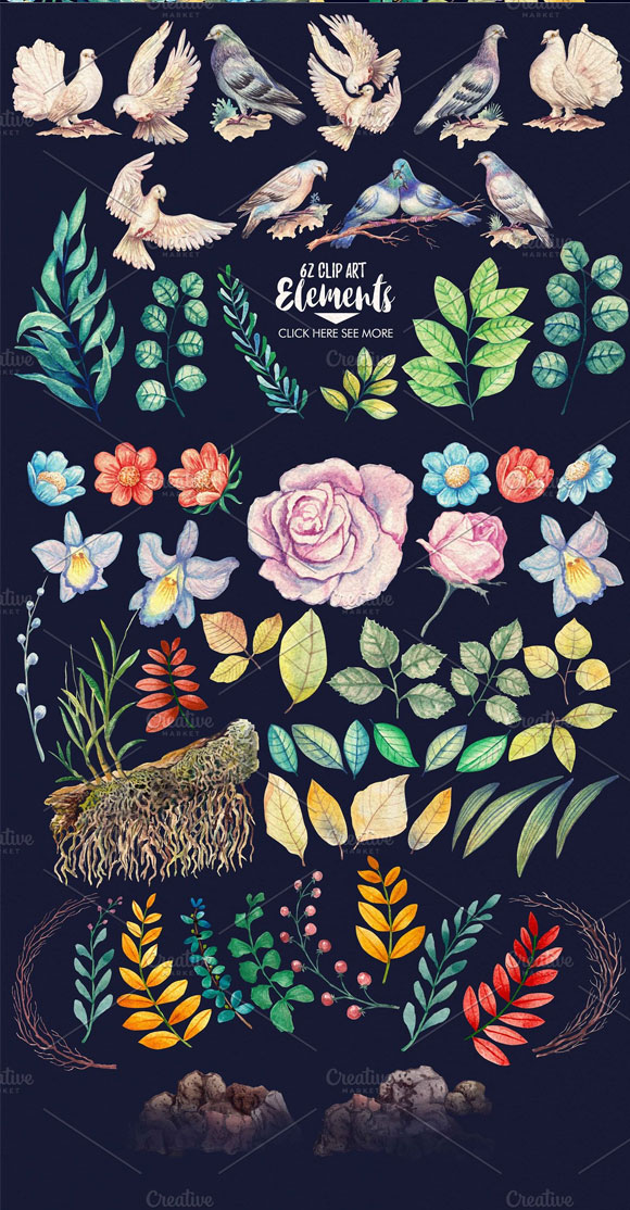 手绘水彩和平鸽花卉植物花框素材下载2