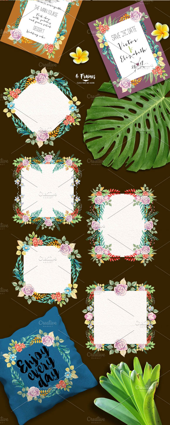 手绘水彩和平鸽花卉植物花框素材下载4
