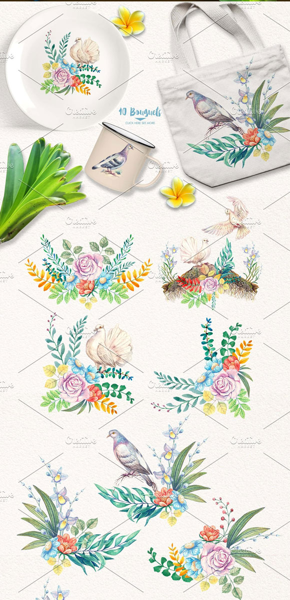 手绘水彩和平鸽花卉植物花框素材下载5