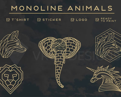 抽象手绘线条动物头像T恤印花素材下载