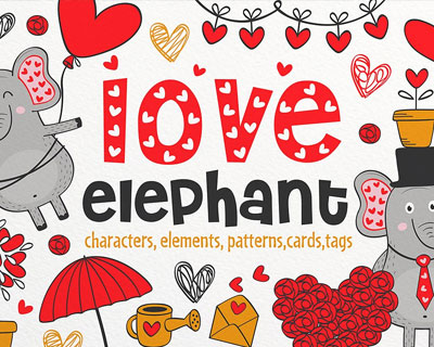 卡通可爱情人节爱情大象礼物吊牌卡片素材