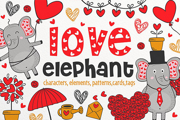 卡通可爱情人节爱情大象礼物吊牌卡片素材1