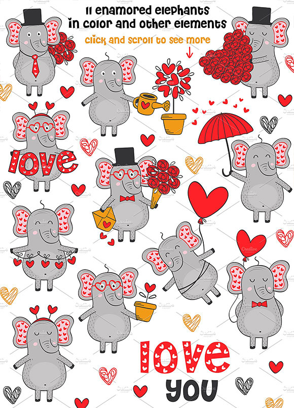 卡通可爱情人节爱情大象礼物吊牌卡片素材2