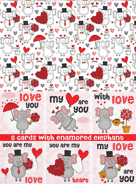 卡通可爱情人节爱情大象礼物吊牌卡片素材5