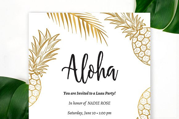 矢量金色线条热带菠萝叶宴会派对邀请卡片模板3