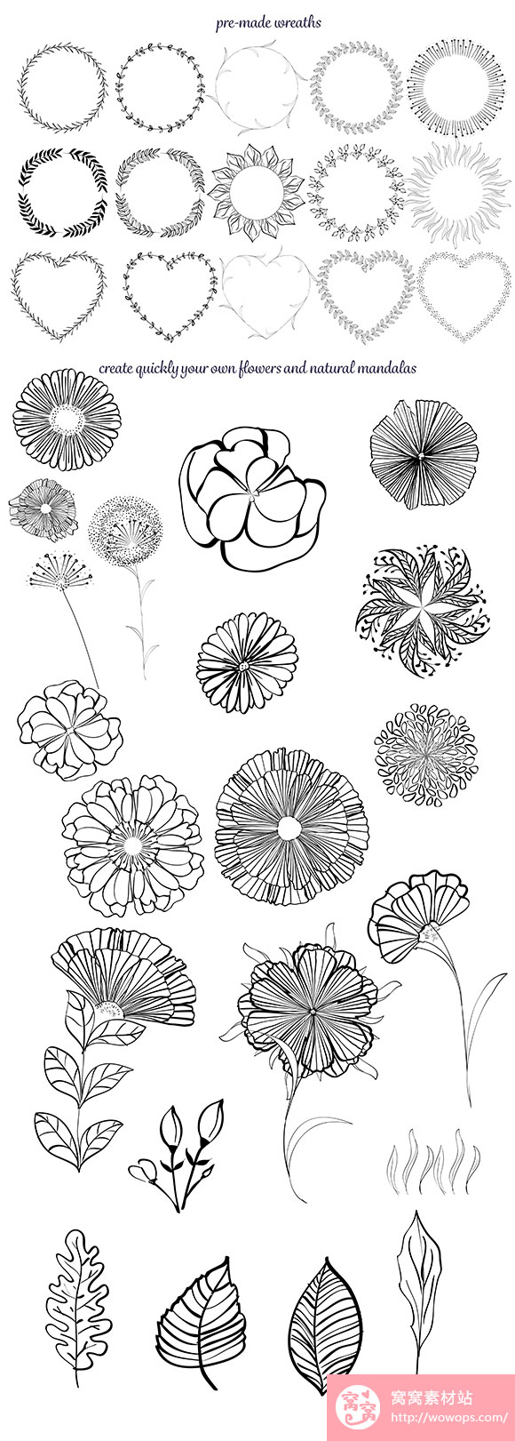 手绘涂鸦线条花卉图案AI矢量笔刷花环素材下载5