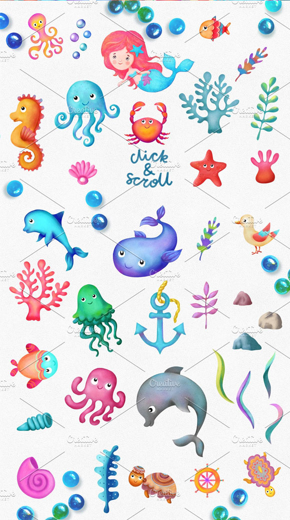 手绘海底美人鱼章鱼贝壳海星珊瑚插画素材下载2