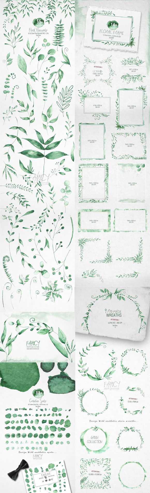 水彩手绘绿色植物叶子框架笔触图案素材下载2