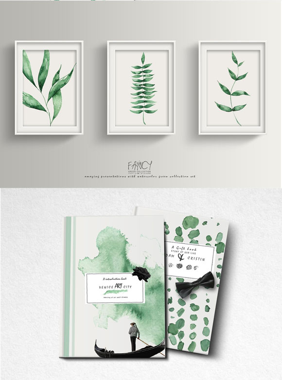 水彩手绘绿色植物叶子框架笔触图案素材下载3