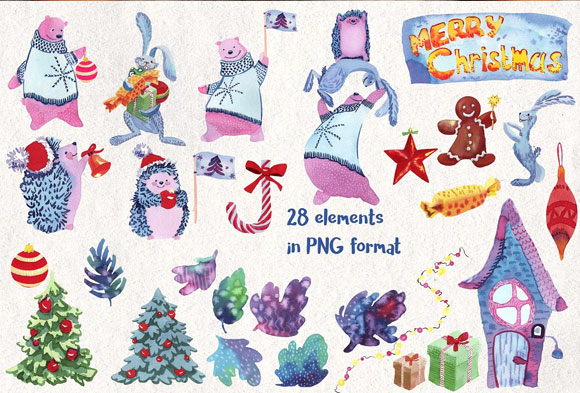 圣诞水彩画动物图案装饰元素背景素材下载5