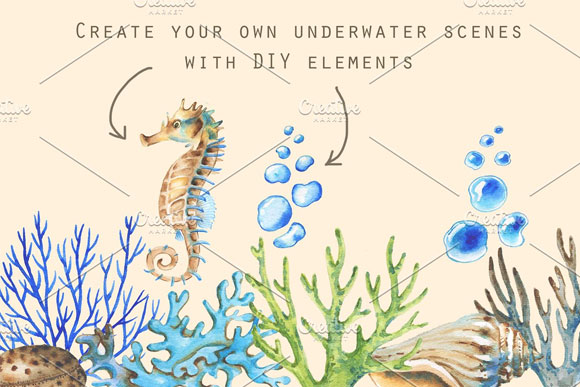 水彩海底珊瑚海洋生物锚插画背景素材5