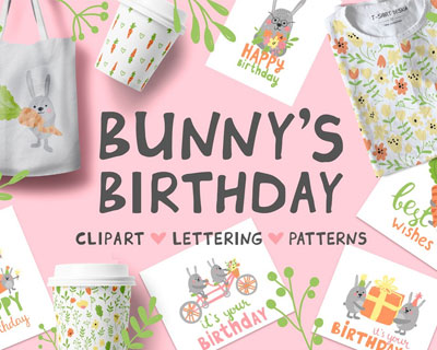 卡通生日派对英文可爱兔子花环印花图案素材下载
