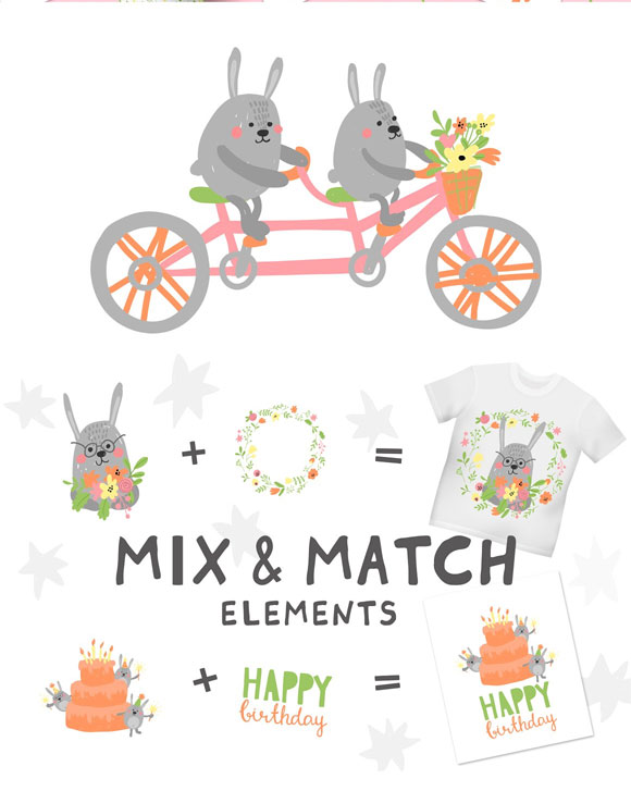 卡通生日派对英文可爱兔子花环印花图案素材下载2