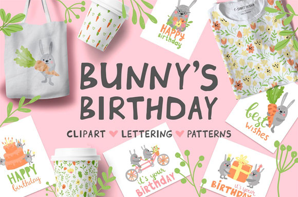 卡通生日派对英文可爱兔子花环印花图案素材下载1