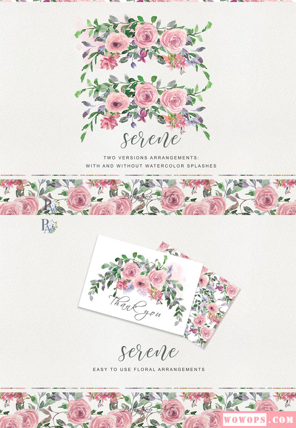 水彩粉色玫瑰花卉图案婚礼卡片插画素材3