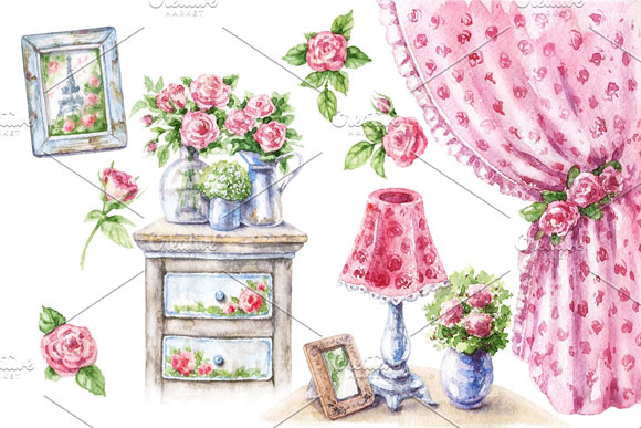 唯美水彩粉色花卉柜子家居装饰元素下载2