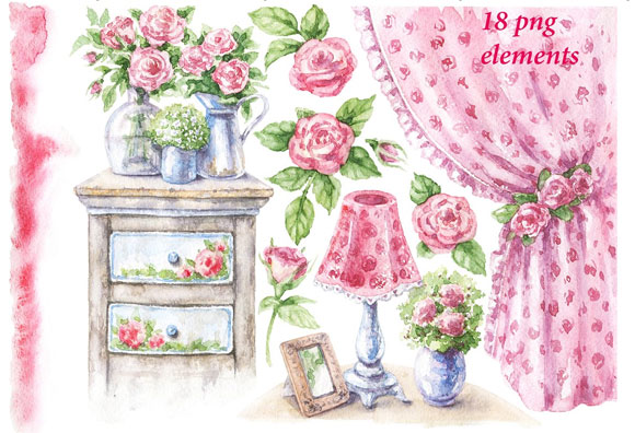 唯美水彩粉色花卉柜子家居装饰元素下载4