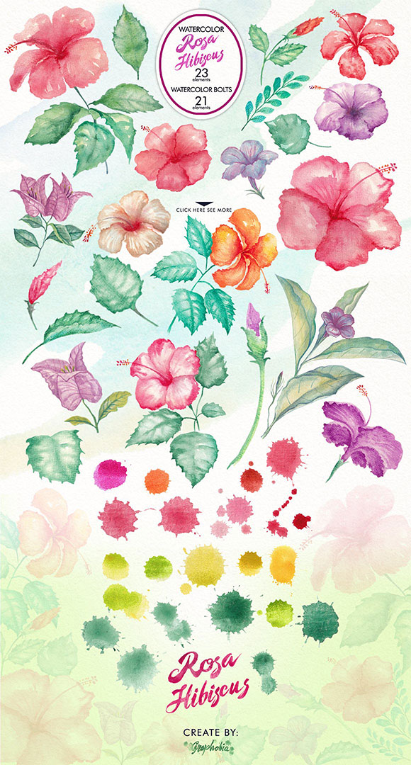 水彩木槿芙蓉花卉花环背景印花图案素材2