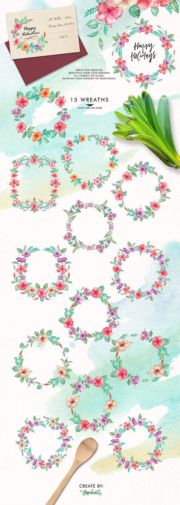 水彩木槿芙蓉花卉花环背景印花图案素材3