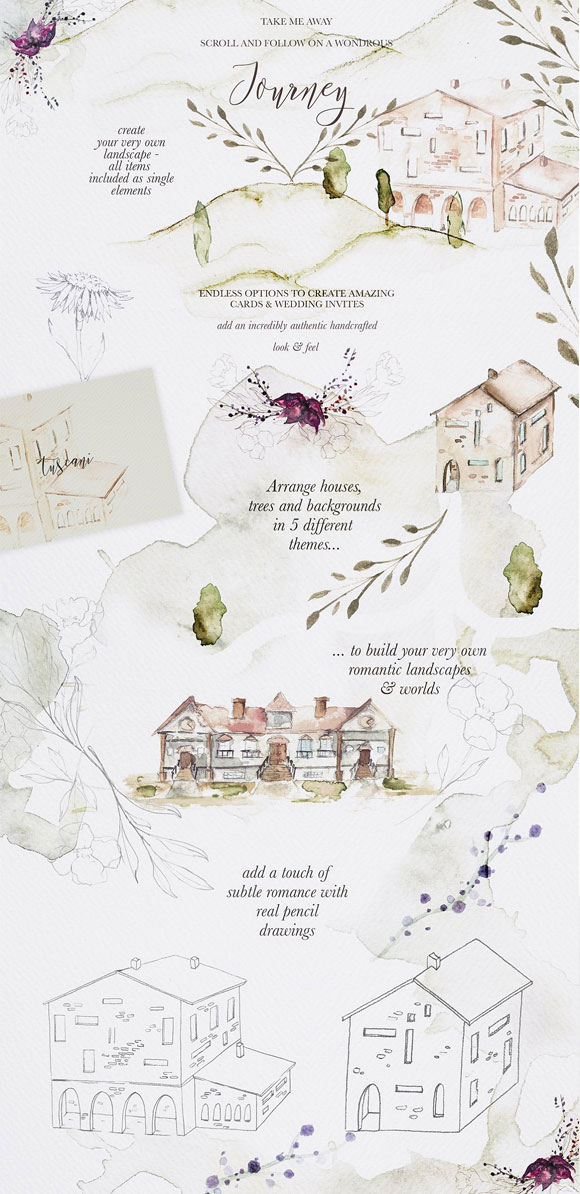 水彩画手绘风景房子花卉纹理背景图案婚礼插画素材4
